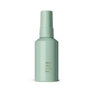 Mint-green deodorant bottle standing on a white surface, label with gold text visible (No Green Deodorant).