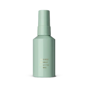 Mint green cylindrical deodorant bottle with cap, label reads 'Third Rose Deodorant' on a neutral gray backdrop.