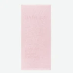 Light pink scarf with fringe ends displayed vertically on white background, faint 'DARLING' text across the center.