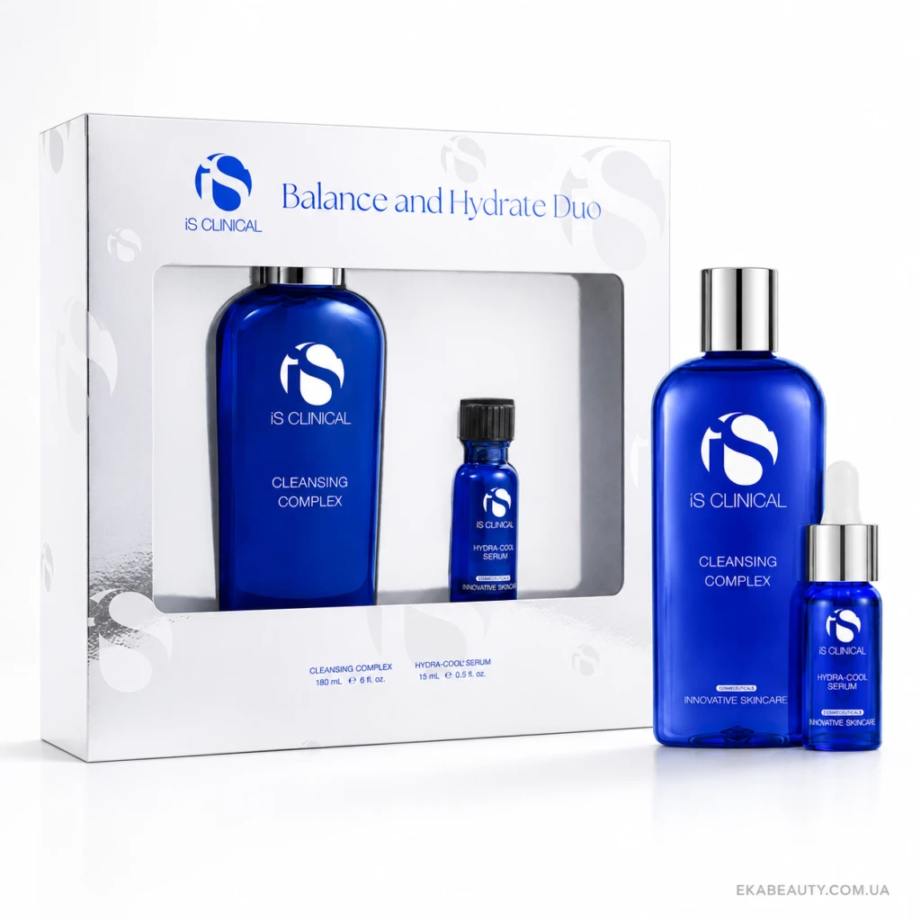 Blue iS Clinical cleansing complex and Hydra-Cool serum set in a white box labeled Balance and Hydrate Duo, on a white background.
