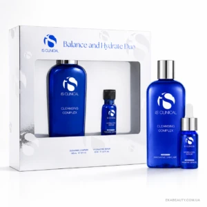 Blue iS Clinical cleansing complex and Hydra-Cool serum set in a white box labeled Balance and Hydrate Duo, on a white background.