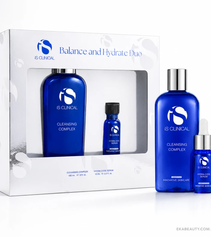 Blue iS Clinical cleansing complex and Hydra-Cool serum set in a white box labeled Balance and Hydrate Duo, on a white background.