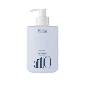 White lotion pump bottle with light blue label; reads 'Take a shower. Wash off the day' and 'Shower Time Scented Hand & Body Lotion' with the brand 'anillo' at the bottom.
