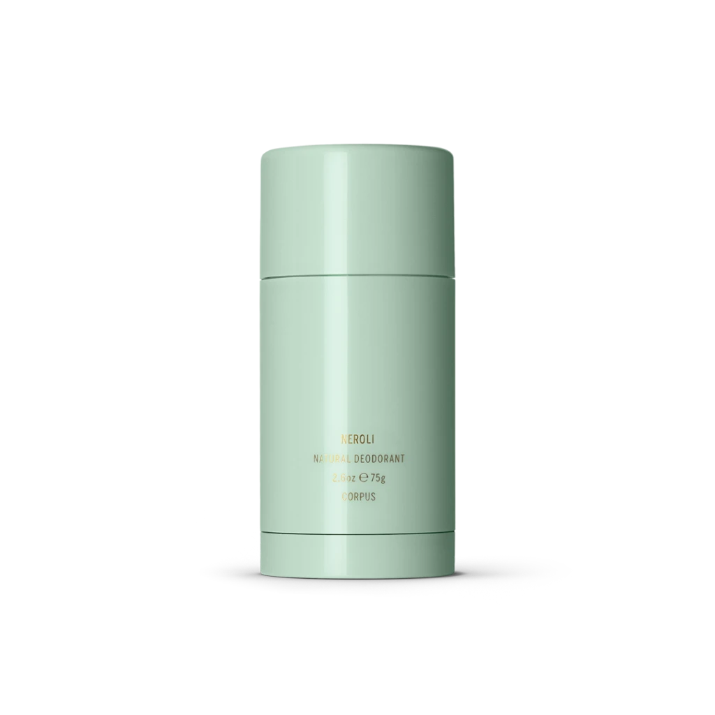 Mint green cylindrical deodorant container labeled Neroli Natural Deodorant, Corpus, 2.6 oz (75 g).