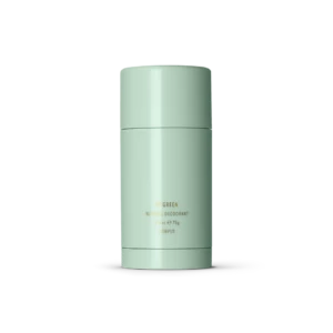 Mint green deodorant stick in a cylindrical container with gold text reading N° GREEN Natural Deodorant 2.6 oz / 75 g Corpus