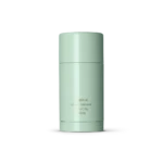 Mint green cylindrical deodorant container with a matching cap, standing upright with subtle gold text reading 'Santalum Natural Deodorant' on the front
