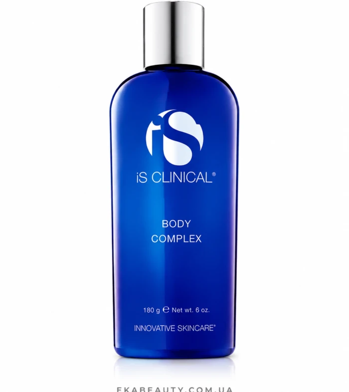 Blue cobalt bottle of iS CLINICAL Body Complex skincare product with a silver cap and white logo on the front.