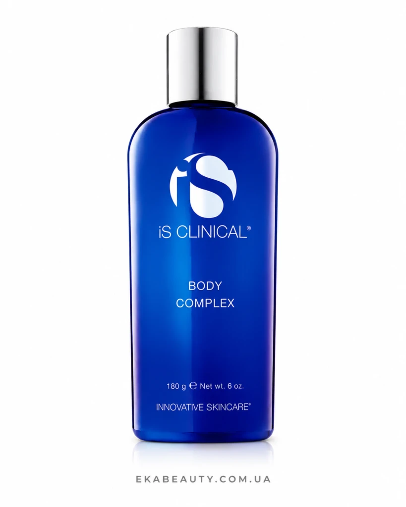 Blue cobalt bottle of iS CLINICAL Body Complex skincare product with a silver cap and white logo on the front.