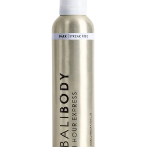 A tall cylindrical metallic spray bottle with a white cap and a light band around the neck reading 'DARK | STREAK FREE'