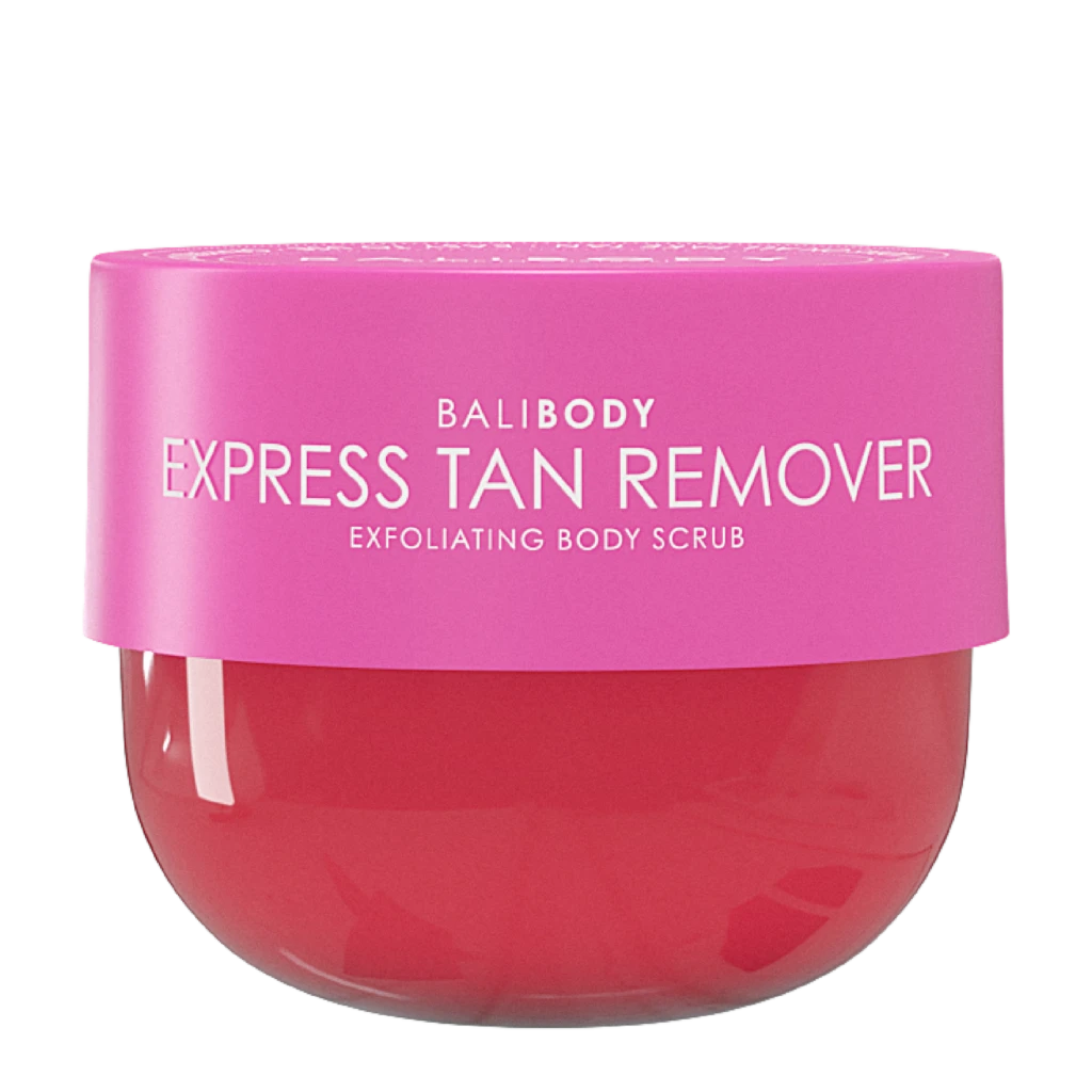 Pink cylindrical product container with white text reading 'BALIBODY EXPRESS TAN REMOVER' visible on the label.