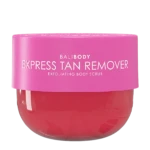 Pink cylindrical product container with white text reading 'BALIBODY EXPRESS TAN REMOVER' visible on the label.