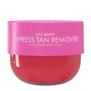 Pink cylindrical product container with white text reading 'BALIBODY EXPRESS TAN REMOVER' visible on the label.