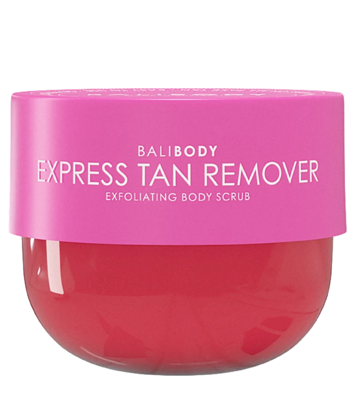Pink cylindrical product container with white text reading 'BALIBODY EXPRESS TAN REMOVER' visible on the label.