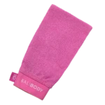 Pink terry-cloth towel folded diagonally on a white background, showing its textured surface and edge tag.