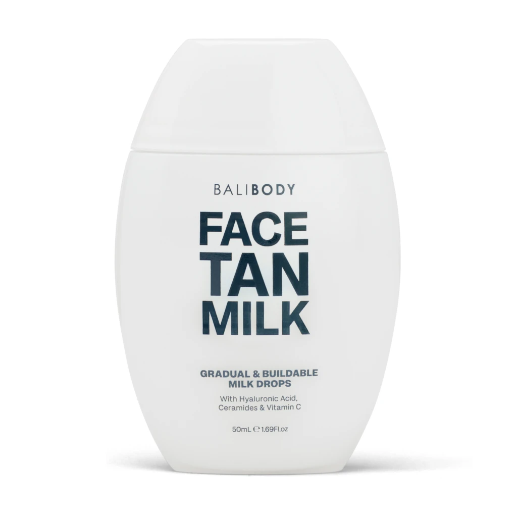 White Bali Body bottle labeled 'FACE TAN MILK' with 'Gradual & Buildable Milk Drops' text visible on a white background.