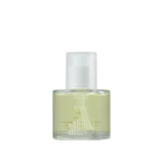 Perfume bottle with pale yellow liquid and a white spray cap on a white background, angled to the left.