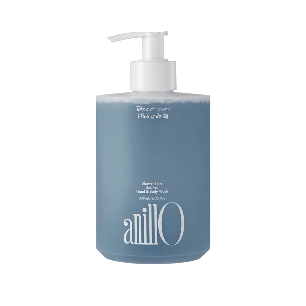 Blue pump bottle of Anilo shower and hand wash with white label text 'Take a shower. Wash off the day' (450 ml).