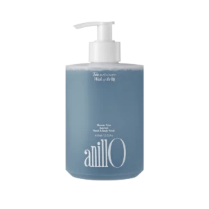 Blue pump bottle of Anilo shower and hand wash with white label text 'Take a shower. Wash off the day' (450 ml).