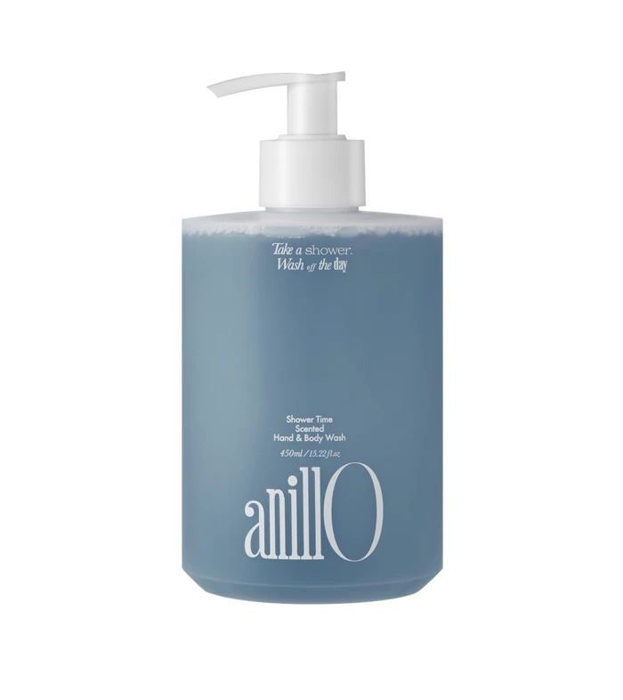 Blue pump bottle of Anilo shower and hand wash with white label text 'Take a shower. Wash off the day' (450 ml).
