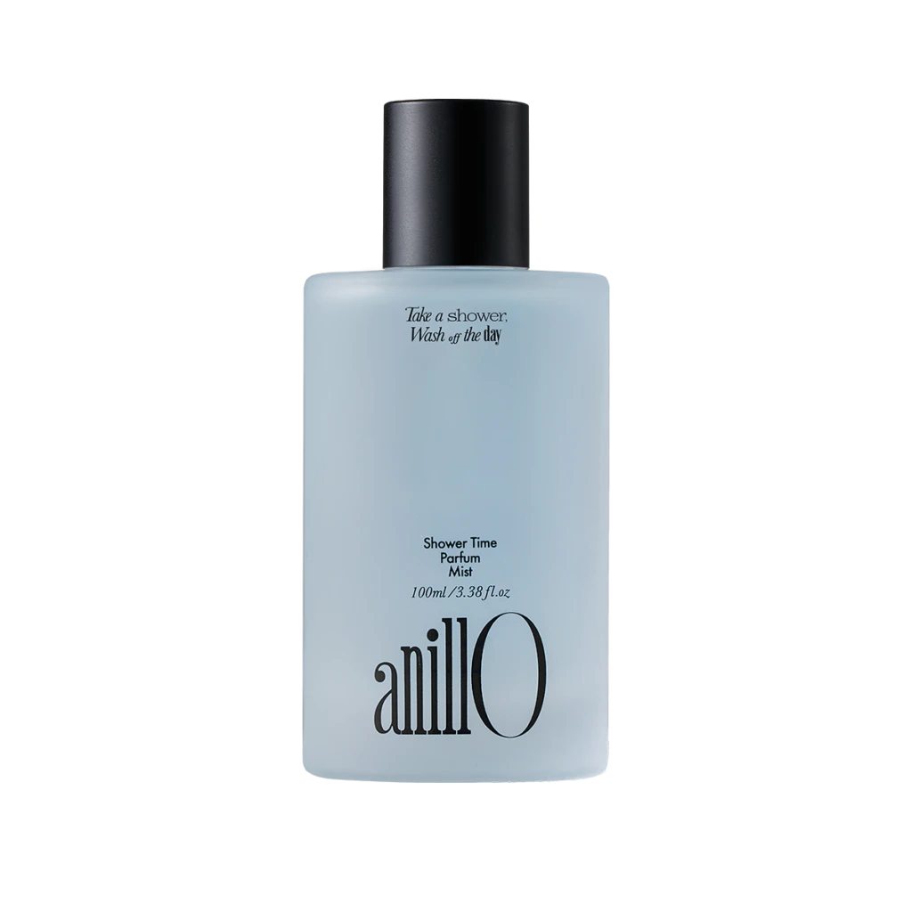 Light blue perfume bottle with a black cap, branded 'anillO', labeled 'Shower Time Parfum Mist' on the front.