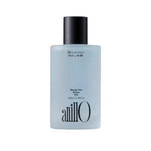 Light blue perfume bottle with a black cap, branded 'anillO', labeled 'Shower Time Parfum Mist' on the front.