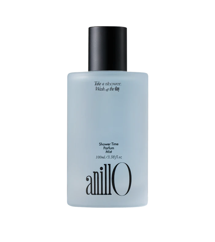 Light blue perfume bottle with a black cap, branded 'anillO', labeled 'Shower Time Parfum Mist' on the front.
