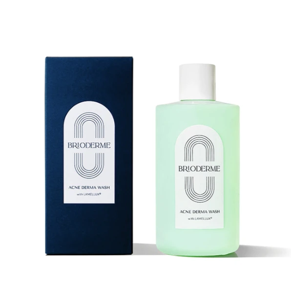 Blue box beside a mint-green BRIODERME Acne Derma Wash bottle with a white label on a white background.