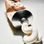 Close-up of a crumpled beige tube labeled 'Salt & Stone' squeezing out white cream/paste.