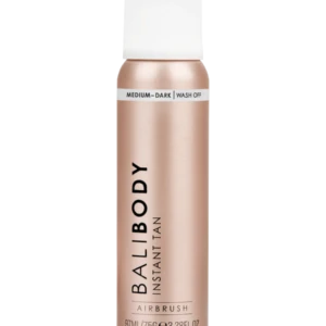Balibody Instant Tan spray bottle in rose-gold with white cap, labeled Medium-Dark wash-off (informational product shot).