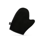 Black kitchen oven mitt with a soft, suede-like texture, angled on a white background for handling hot pots and pans.