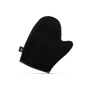 Black kitchen oven mitt with a soft, suede-like texture, angled on a white background for handling hot pots and pans.