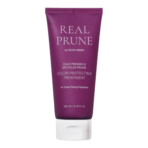 Purple squeeze tube labeled 'Real Prune' hair color protection treatment with white cap, 200 ml