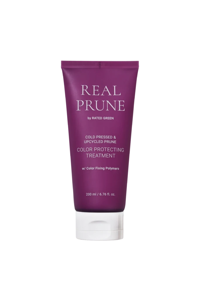 Purple squeeze tube labeled 'Real Prune' hair color protection treatment with white cap, 200 ml