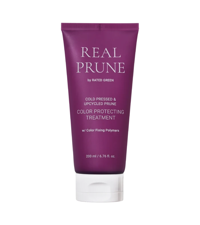 Purple squeeze tube labeled 'Real Prune' hair color protection treatment with white cap, 200 ml
