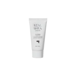 White Real Shea leave-in treatment tube shown against a black background, text includes 'Real Shea' and 'Protein Recharging Leave-In Treatment'.
