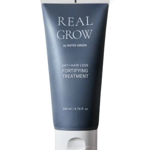Close-up of a Real Grow anti-hair loss fortifying treatment tube with a white cap (200 ml)