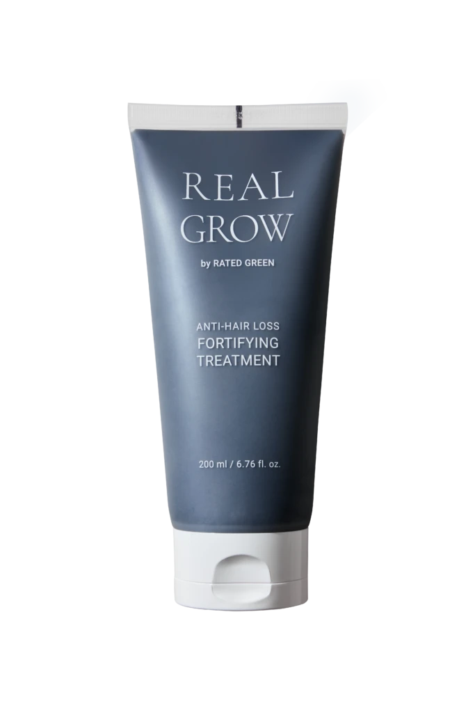 Close-up of a Real Grow anti-hair loss fortifying treatment tube with a white cap (200 ml)