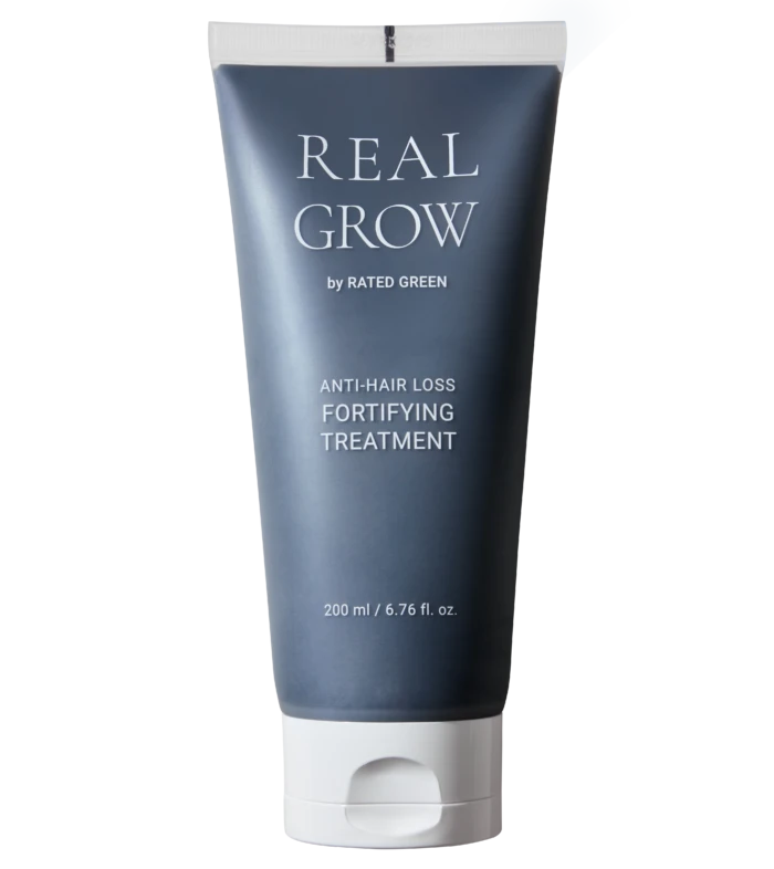Close-up of a Real Grow anti-hair loss fortifying treatment tube with a white cap (200 ml)