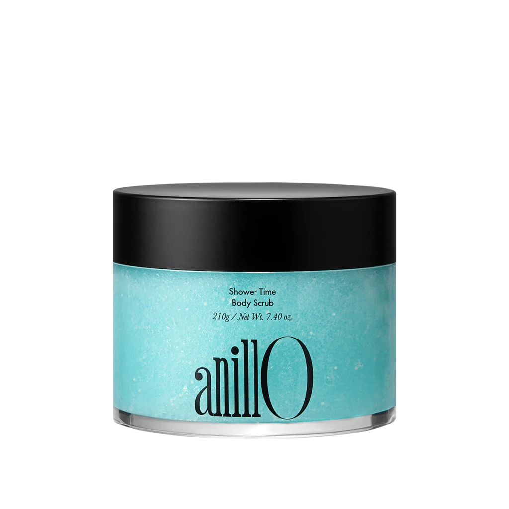 Turquoise jar of Anilo Shower Time Body Scrub with a black lid and silver base.