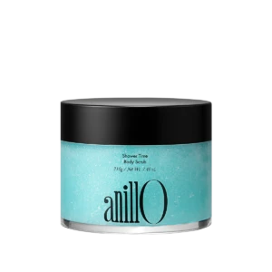 Turquoise jar of Anilo Shower Time Body Scrub with a black lid and silver base.