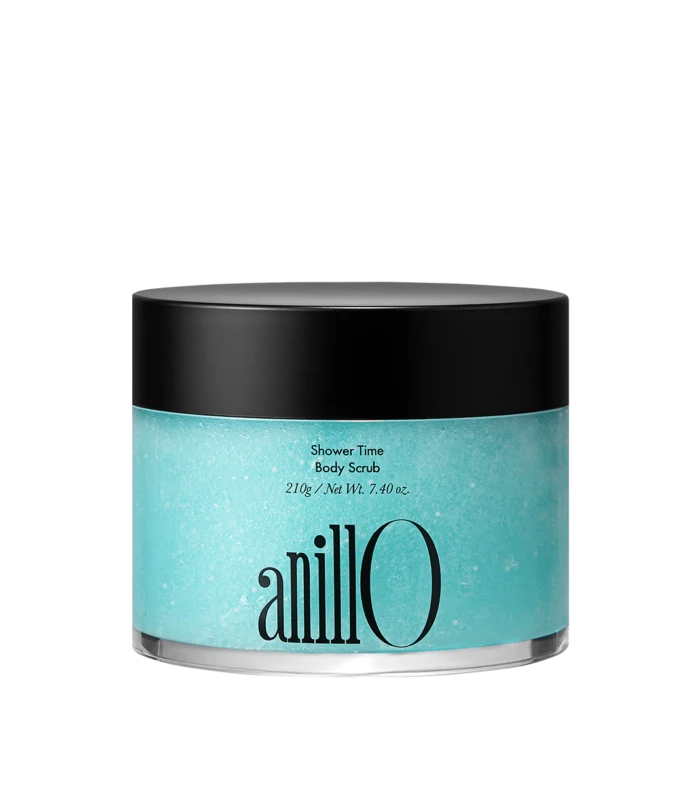 Turquoise jar of Anilo Shower Time Body Scrub with a black lid and silver base.