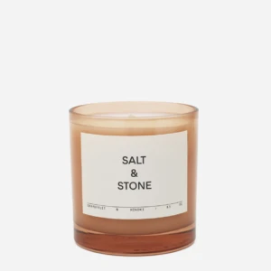 Amber glass candle jar labeled Salt & Stone, grapefruit & hinoki fragrance, 8.5 oz