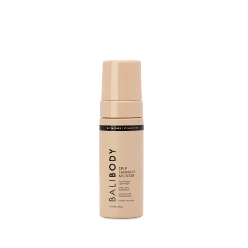BALIBODY Self Tanning Mousse bottle in beige with Ultra Dark, streak-free label on a white background.
