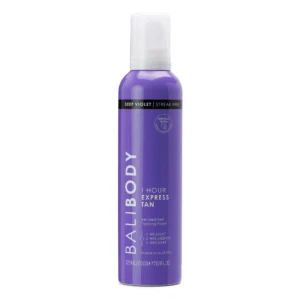Purple spray bottle of self-tanning foam with a white cap and a black label reading 'Deep Violet' and 'Streak Free'.