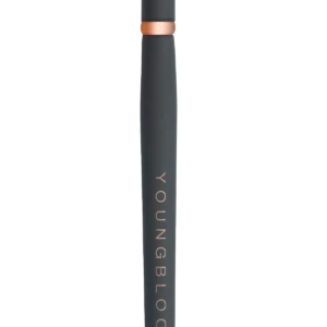 Slim black makeup brush with dense bristles, rose-gold collar, and 'YOUNGBLOOD' printed along the handle.
