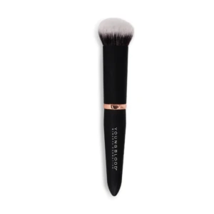 Makeup brush with black handle and white-to-black bristles fading at the top, handle showing partial white lettering.