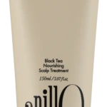 Beige cosmetic tube labeled 'Black Tea Nourishing Scalp Treatment' (150 ml) with a black cap; top reads 'Take a shower, Wash off the day'.