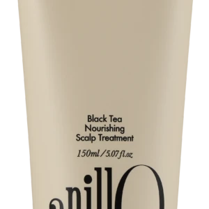 Beige cosmetic tube labeled 'Black Tea Nourishing Scalp Treatment' (150 ml) with a black cap; top reads 'Take a shower, Wash off the day'.