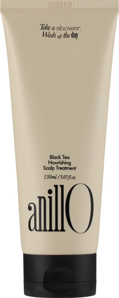 Beige cosmetic tube labeled 'Black Tea Nourishing Scalp Treatment' (150 ml) with a black cap; top reads 'Take a shower, Wash off the day'.