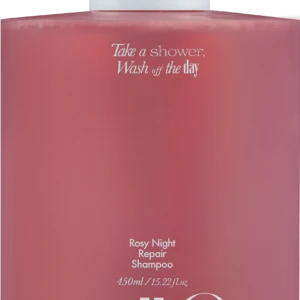 Pink pump bottle of Rosy Night Repair Shampoo with white pump; text reads 'Take a shower, Wash off the day' and 'Rosy Night Repair Shampoo' (450 ml); product image focusing on bottle.